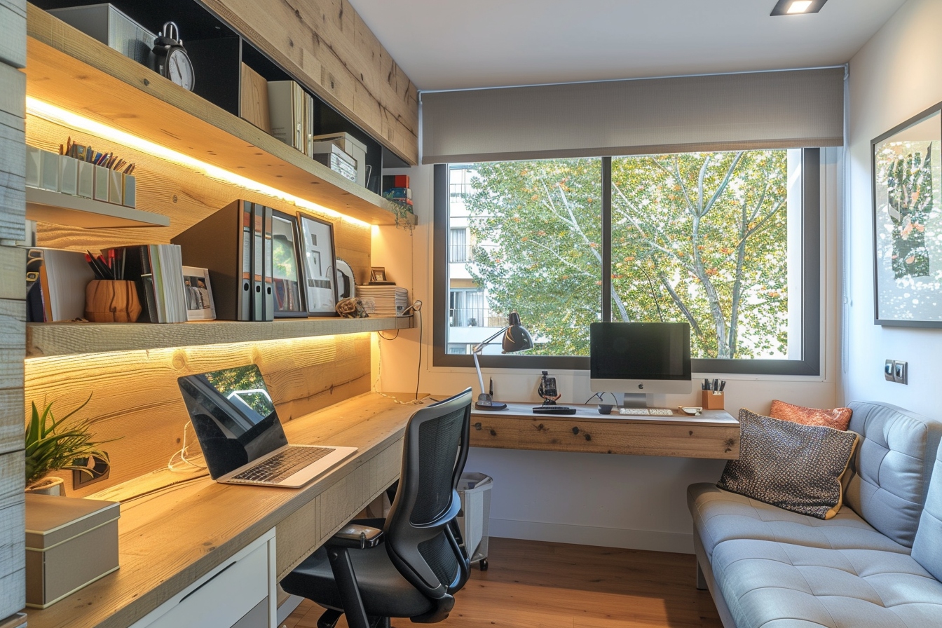 Bureau moderne et lumineux avec vue sur arbres.